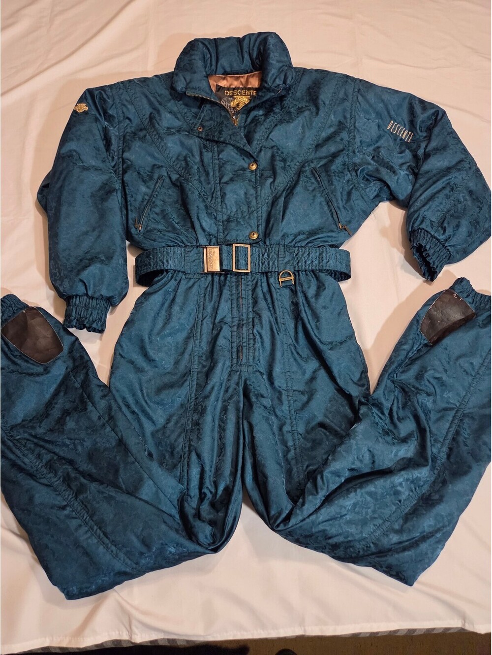 Descente One Piece Ski Suit BELTED TEAL SATIN WOMENS SIZE 10